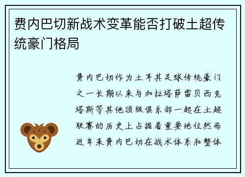 费内巴切新战术变革能否打破土超传统豪门格局 费内巴切新战术变革能否打破土超传统豪门格局