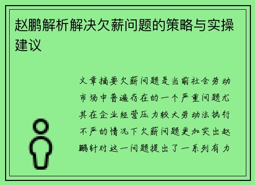 赵鹏解析解决欠薪问题的策略与实操建议