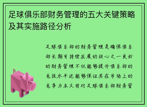 足球俱乐部财务管理的五大关键策略及其实施路径分析